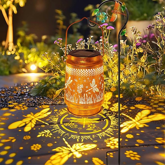 Solar Lanterns Outdoor Waterproof Dragonfly Garden Decor, Gifts for Women Mom Grandma Birthday, Hanging Solar Lights Metal LED Decoration with Shepherd Hook Outside for Yard Patio Lawn Porch