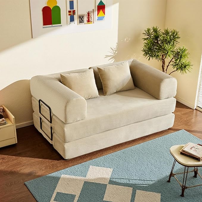 59in Convertible Sofa Bed, Corduroy Boneless Couch Bed, Futon Sleeper Sofa Pull Out Bed, Foldable Couch for Living Room Apartment, No Assembly Required