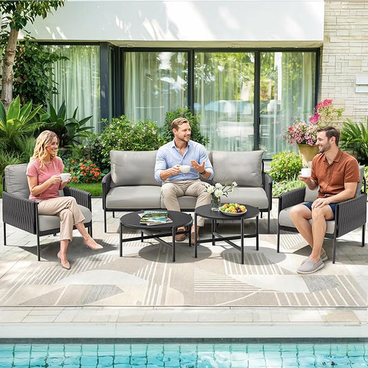 Pamapic 7-Piece Woven Rope Outdoor Furniture Set, Iron Frame Patio Conversation Set with Thick Cushions & 2 Coffee Tables, All-Weather Sectional Patio Furniture Set for Backyard, Porch, Grey