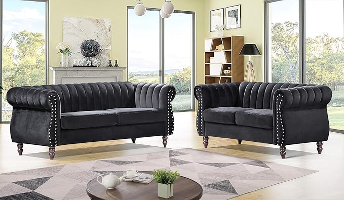 Container Furniture Direct Quinones Modern Chesterfield Couch with Elegant Rolled Arms, Nailhead Trim & Channel Tufting, 59.1" Wide Loveseat, Midnight Black