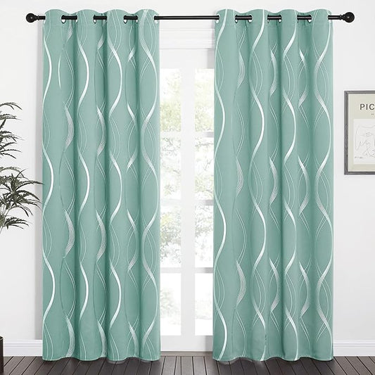 NICETOWN Aqua Blue Floral Blackout Curtain Panels 84 inches 2 Pieces, 52 inches Wide Light Reducing Thermal Insulated Solid Grommet Printed Window Treatments/Drapes for Living Room/Nursery
