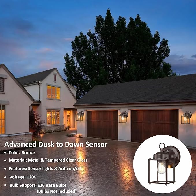 GRUENLICH Dusk to Dawn Outdoor Wall Lantern, Exterior Wall Sconce Light Fixture, Outside Porch Lighting with Clear Glass for House, Patio, Bronze, 2 Pack