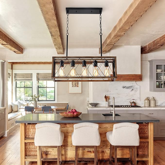 KEESFU 5-Light Dining Room Light Fixture, Farmhouse Kitchen Island Lighting,Adjustable Height Pendant Light, Rustic Linear Chandelier for Kitchen, Dining Room Table, Pool Table. (Wood Grain Color)