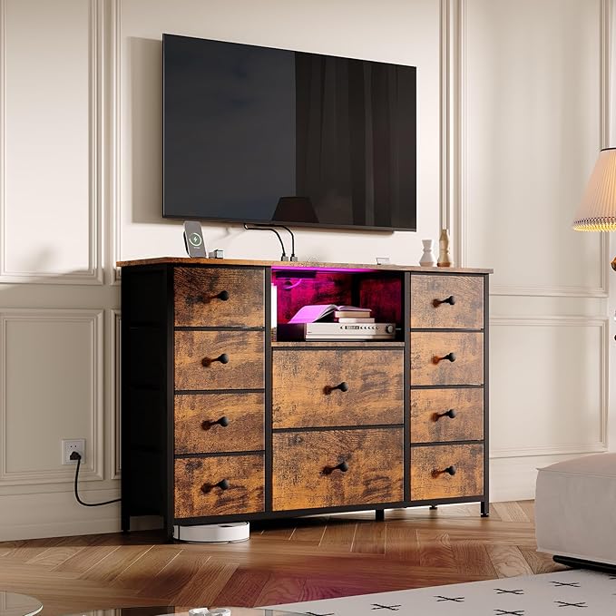 Dresser for Bedroom with 10 Drawers, Storage Organizer TV Stand for 55" TV with LED Lights and Sockets, Fabric Chest of Drawers with PU Finish for Kid Room, Living Room, Hallway, Brown