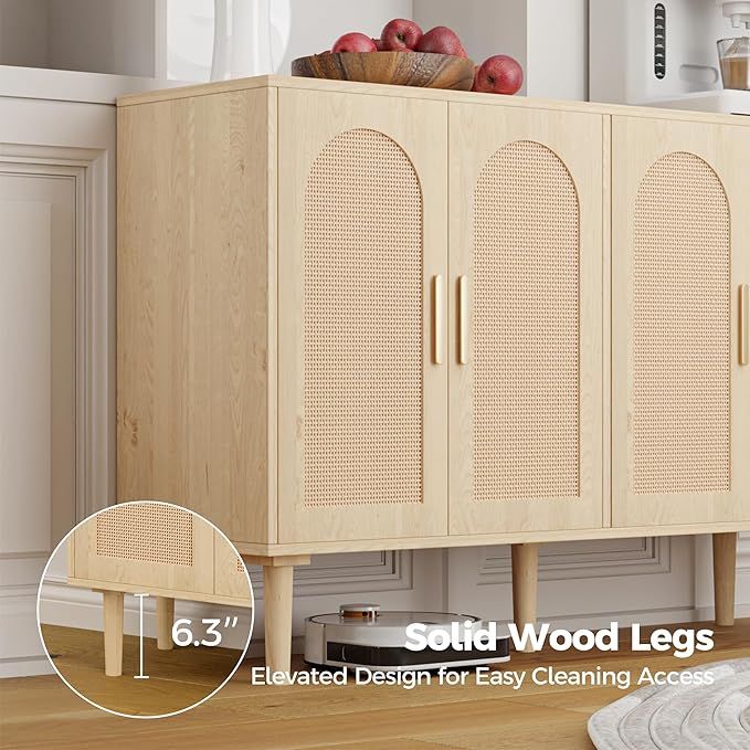 Modern Rattan-Door Sideboard Cabinet – 4-Door Credenza Buffet with Ample Storage, Large Accent Cabinet for Entryway, Living Room, Dining Room & Kitchen, Natural