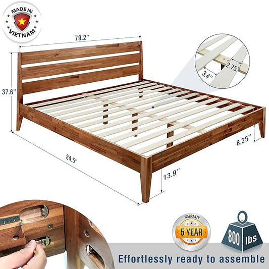 Acacia Emery Bed Frame with Headboard Solid Wood Platform Bed, King Size Bed Frame, Mid - Century Modern Wood Bed Compatible with All Mattresses, Easy Assembly, Non-Slip (Walnut, King)