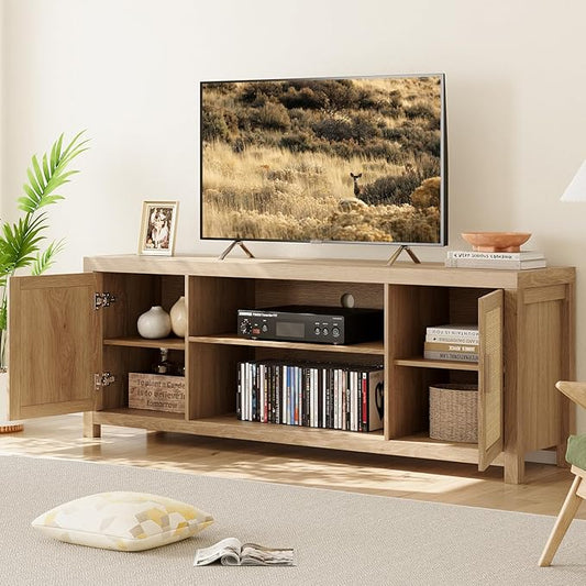 IDEALHOUSE Rattan TV Stand for 65 inch, Natural Oak Entertainment Center with Adjustable Shelves, Boho TV & Media Cabinet 2-Tier Storage for Living Room Bedroom