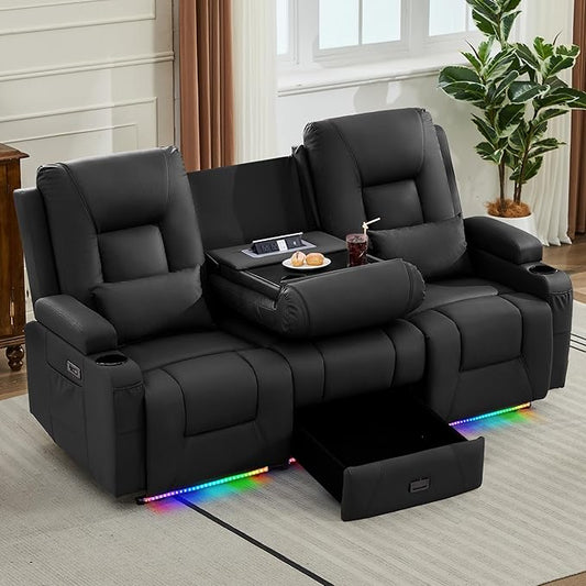 URRED Power Loveseat Recliner Sofa with Console, Wall Hugger Reclining Loveseat RV Couch with LED Light, 150° Zero Gravity Recliners Modular Couches for Living Room (Black, 77.3'' - 3 Seats)