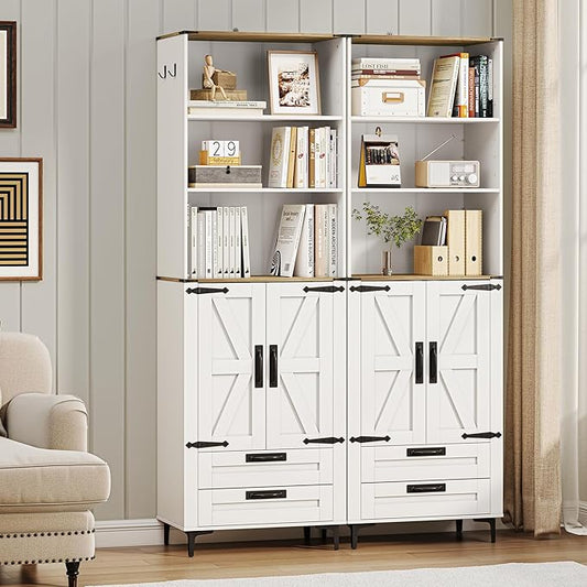 Bookshelf with Doors and 2 Drawers, 72in Tall Bookcase with Storage Cabinet and Adjustable Shelf, White Farmhouse Bookshelves Wood for Living Room, Bedroom