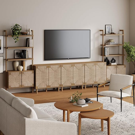 Nathan James Beacon Bohemian TV Stand, TV Wall Unit with Shelves and Accent Storage Cabinet with Solid Wood Legs and Seagrass Door Fronts, Light Brown