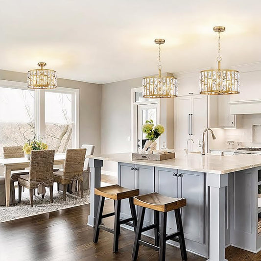 MEXO Farmhouse Crystal Convertible Chandelier and Semi Flush Mount Lighting Gold Cylinder Drum Shade Pendant for Kitchen Island Dining Room Bedroom Hallway