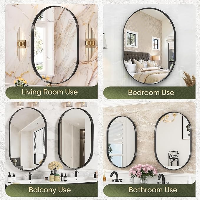 Suidia 2-Pack 22" x 30" Bathroom Mirror, Bathroom Vanity Mirror Metal Framed, Wall-Mounted Mirrors for Bedroom, Living Room, Entryway, Hallway, Black, Oval Style