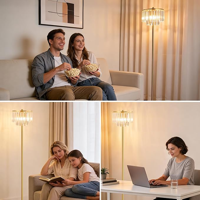 QiMH Floor Lamps for Living Room, Gold Floor Lamp with On/Off Foot Switch, Standing Lamp with Double Layer Crystal Bars Lampshade, 63" Tall Floor Lamps for Bedroom Corner Office(3 Bulbs Included)