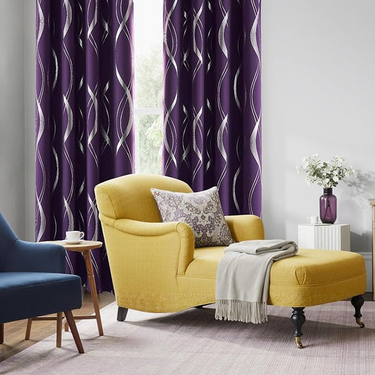 NICETOWN Royal Purple Blackout Curtains 84 inch Long for Living Room, Gothic Vibe for Wave Line Foil Print Design Drapes for Home Decoration Wall Cover, 2 Panels