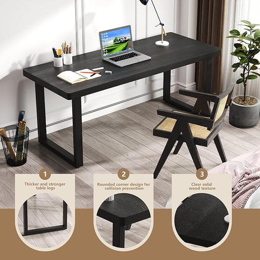 Modern Solid Wood Dining Table with Metal Base Stylish Durable Dining Room Table in Black Multiple Sizes Home Use Office Desk (Respectful Black, 47in)