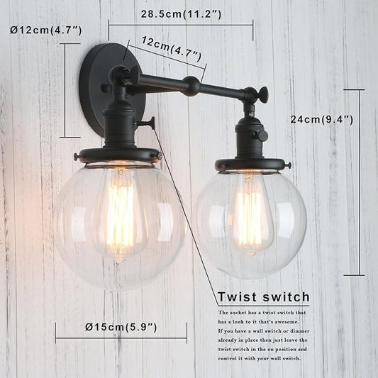 PERMO Double Sconce Vintage Industrial Antique 2 Lights Wall Sconces with Dual 5.9" Round Clear Glass Globe Shade (Black)