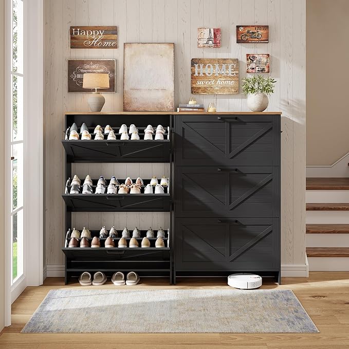 Nicetree Barn Door Shoe Cabinet for Entryway - Modern Farmhouse Shoe Storage Cabinet with 3 Flip Drawers - Slim Hidden Shoe Organizer for 24-32 Pairs - Fits Size 12 Work Boots