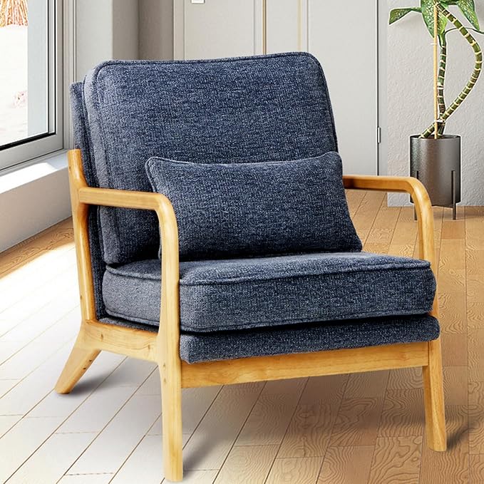 Modern Accent Chair Set of 2 with Lumbar Pillow, Relaxing Mid Century Chair Armchair with Solid Wood Frame & Soft Cushion, Reading Leisure Armchair for Living Room, Blue