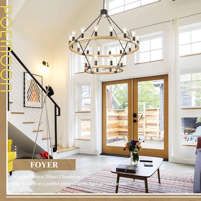 24-Light 2 Tiers Farmhouse Wooden Wagon Wheel Chandelier, 43.3'' Black Metal Round Chandeliers 2-Story Natural Rustic Light Fixtures for High Ceiling Living Dining Room Foyer Villa