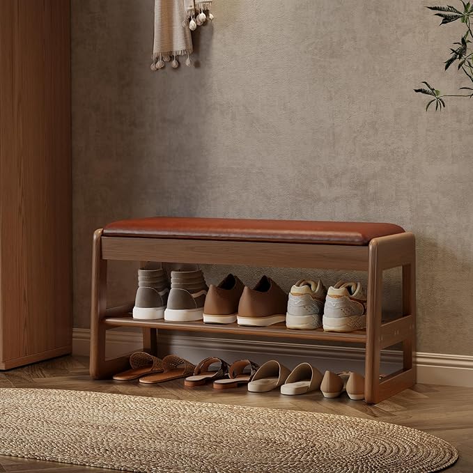 AQIMUELE Shoe Rack Bench,2 Tiers Shoe Bench with Storage with Flip-Top,Wood Shoe Rack for Entryway,Hallway(Orange Upholstered Seat)