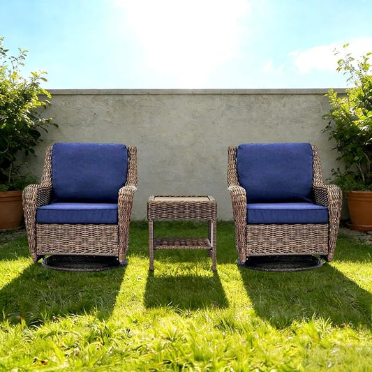 Cambridge Swivel Rocking Patio Chair, Hand-Woven HDPE Wicker Outdoor Rocker with Cushioned Seat and Round Base, All-Weather Porch & Patio Seating, Midnight Navy Blue