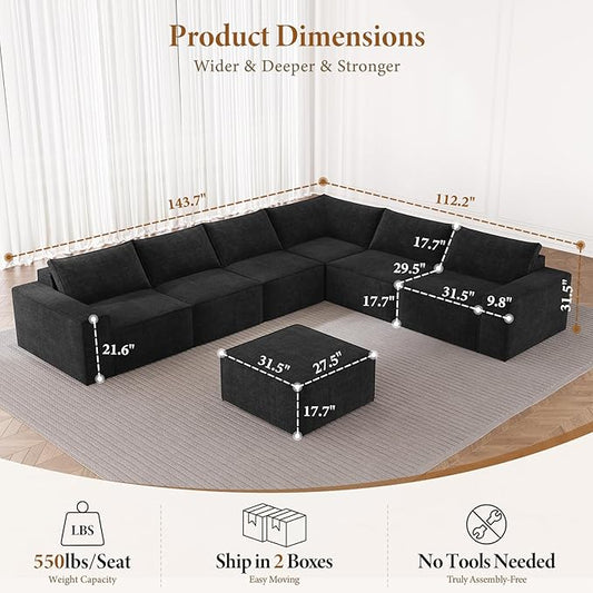 Vesgantti 143.7" Boneless Couch for Living Room, 6 Seater Modular Sectional Sofa with Ottoman & Deep Seat, Convertible Chenille Oversized Cloud Couches, No Assembly Required, Black
