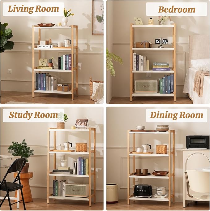 Open Shelf Bookcase - 4-Tier Floor Standing Display Bookshelf Multifunctional Display Stand for Home and Office White Shelf Bamboo