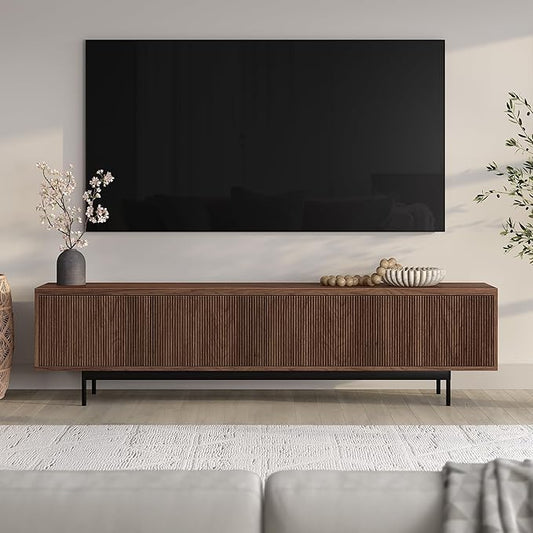 Henn&Hart Fluted TV Stand for TVs up to 85" with 2 Open-Concept Ribbed Storage Cabinets for Living Room, Family Room, or Office, Medium Walnut