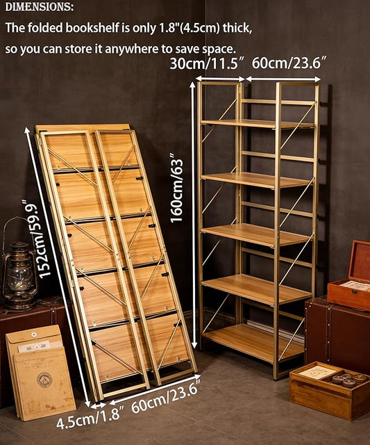 Folding Bookshelf,Multifunctional Foldable Plant Stand Storage Rack Shelves for Home Office, Easy Assembly, 5-Tier,Gold & Nature Wood