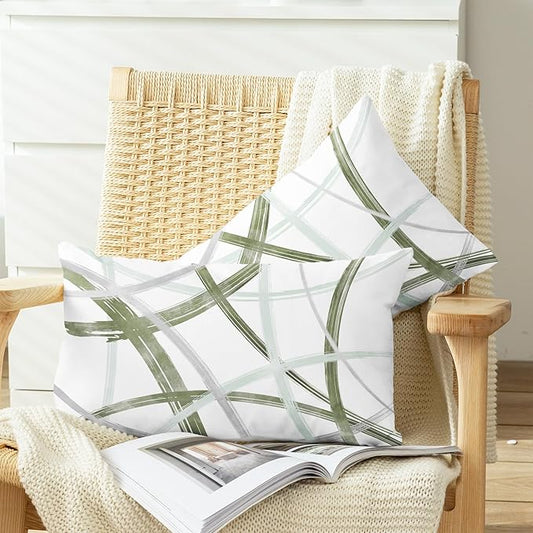 CaliTime Throw Pillow Cases Pack of 2 Cozy Fleece Arc-Shaped Abstract Geometric Lines Decorative Cushion Covers for Couch Bed Sofa Farmhouse Decoration 12 X 20 Inches Sage Green Grey