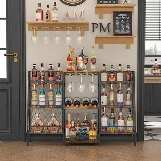 6-Tier (Safe Height for Kids & Pets) Freestanding Wine Rack with Glass Holders & Fences, Large Bar Cabinet for Home, Liquor Stand for Wine Bottles, Christmas & Holiday Party Wine Shelf