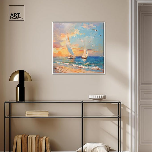 Art Remedy Sailboats In The Sunset Framed Sailing 1 Piece Canvas Wall Art, 25" x 25", White Frame
