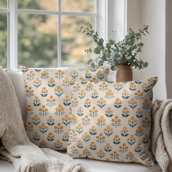 Blue Yellow Block Print Pillow Covers 24x24 Set of 2 Vintage Boho Floral Throw Pillows Case Spring Summer Rustic Outdoor Pillowcases Modern Farmhouse Home Decor for Couch Sofa Living Room