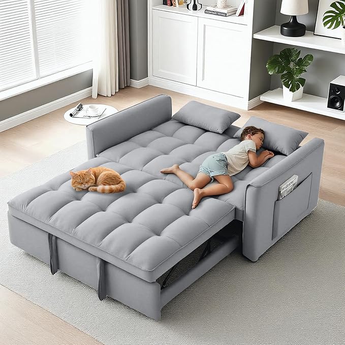3 in 1 Convertible Sleeper Sofa Bed, 53" Pull Out Sofa Bed with 3-Level Adjustable Backrest, Velvet Fabric Loveseat Sleeper Couch for Living Room & Bedroom & Apartment & Dorm, Light Gray