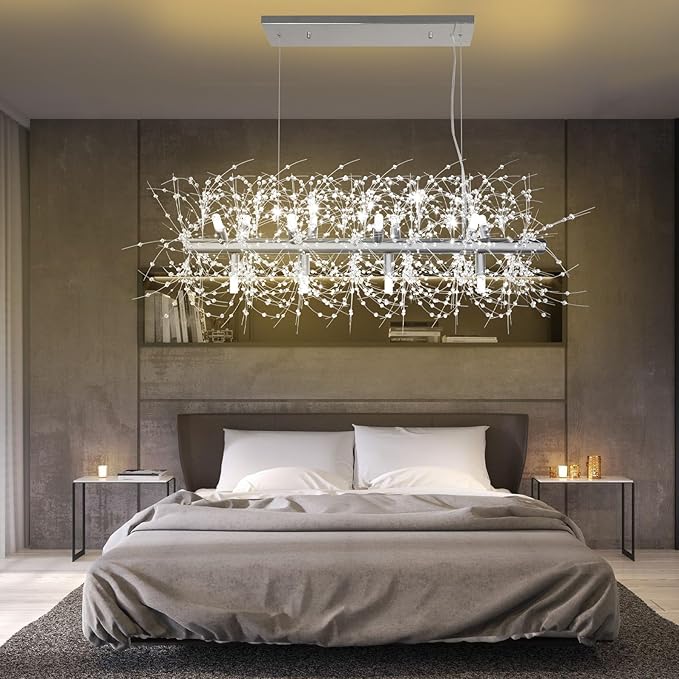 Depuley 35.4" Modern Silver Crystal Firework Chandelier, 12-Light Crystal Light Fixture Hanging, Linear Dandelion Chandelier, Sputnik Ceiling Pendant Light Fixtures for Dining Room(G9 Bulbs Included)