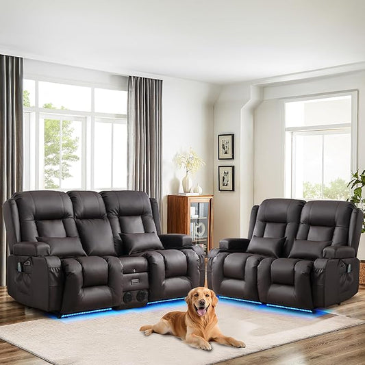 TUNYI Power Loveseat Recliner Sofa, Faux Leather Reclining Sofa with Console RV Reclining Loveseat Couch with USB/Outlet/Storage/Side Pocket/LED Light/Speaker (Brown, Loveseat)