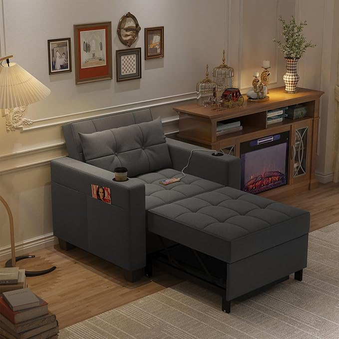DURASPACE Pull Out Sofa Bed 3-in-1 Convertible Sofa Sleeper Chair Bed with USB, Cup Holder, Adjustable Armchair Beds for Small Spaces, Apartment, Living Room, Office (Dark Gray Linen)
