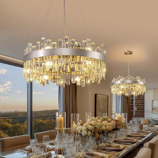 Crystal Chandelier for Dining Room, 12-Light Chrome Silver Round Chandelier, 23.6-inch K9 Crystal Raindrop Ceiling Light, Luxury Flush Mount Light Fixture for Kitchen Living Room