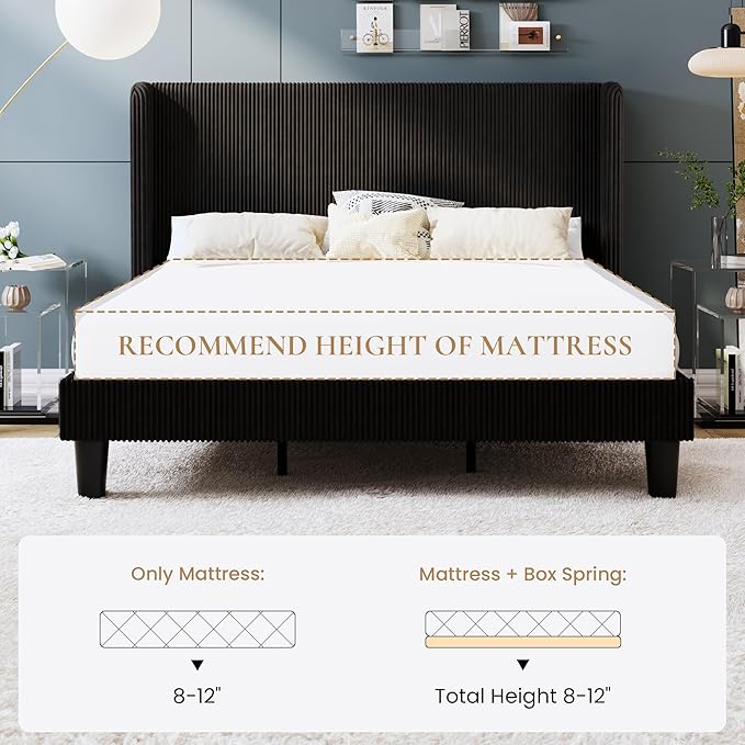 SHA CERLIN King Size Corduroy Upholstered Platform Bed Frame with Vertical Channel Tufted Wingback Headboard, 8" Under Bed Storage, Wooden Slats & Metal Frame Support, Easy Assembly, Black