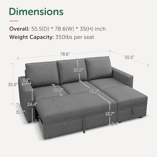 HONBAY Modular Sectional Sleeper Sofa with Pull Out Bed, L Shaped Couch with Storage Seat, Modular Sectional Couches for Living Room - Dark Grey