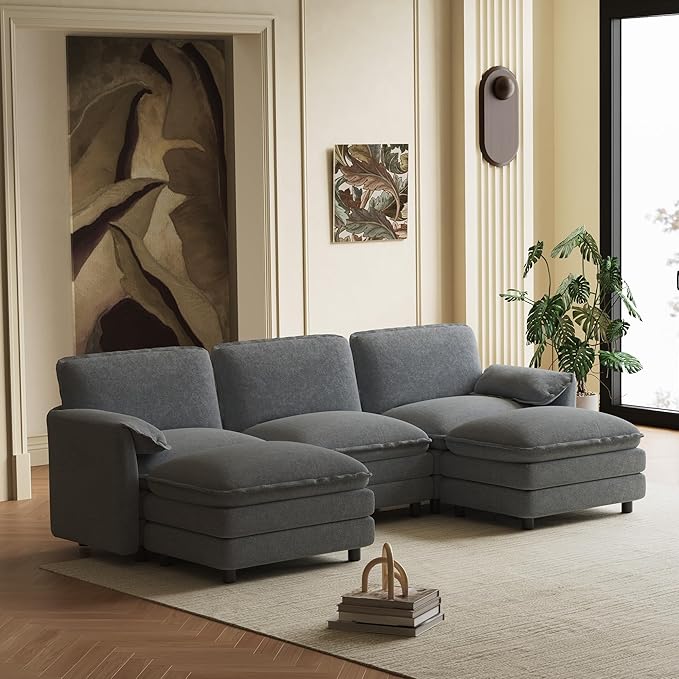 114" U Shaped Cloud Couch Sectionals Comfy Grey Sectional Couches for Living Room Modern Fluffy Oversized Modular Sofas with Ottoman, Chenille Large Big 5 Seat Sofa Set