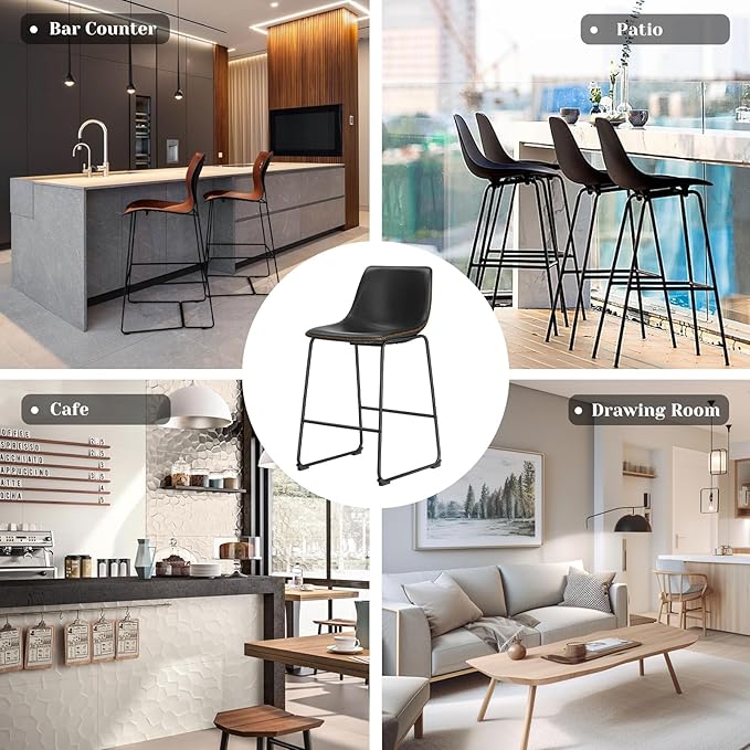Sweetcrispy Counter Height Bar Stools Set of 4, 30 inch Leather Barstools Modern Bar Stools with Back, Counter Stool Armless Bar Chairs with Metal Legs, Footrest, Classic Black