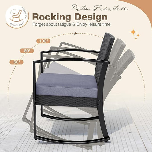 Greesum 3 Pieces Outdoor Furniture Set Patio Bistro Rocking Chairs with Glass Coffee Table for Pool Beach Backyard Balcony Porch Deck Garden, Gray