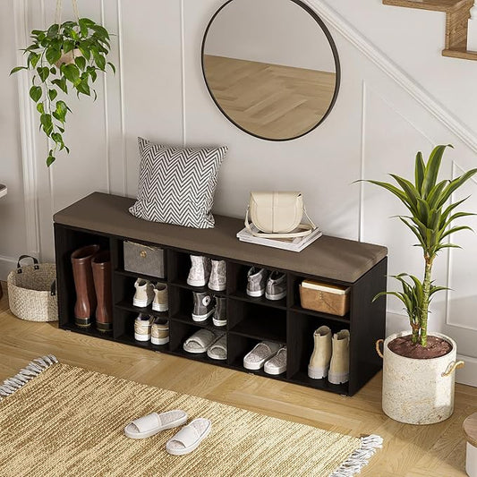 DINZI LVJ Shoe Storage Bench with Cushion, 15-Cubby Shoe Rack, Adjustable Shelves, Long Shoe Organizer Bench for Entryway, Mudroom, Hallway, Living Room, Bedroom and Garage, Espresso