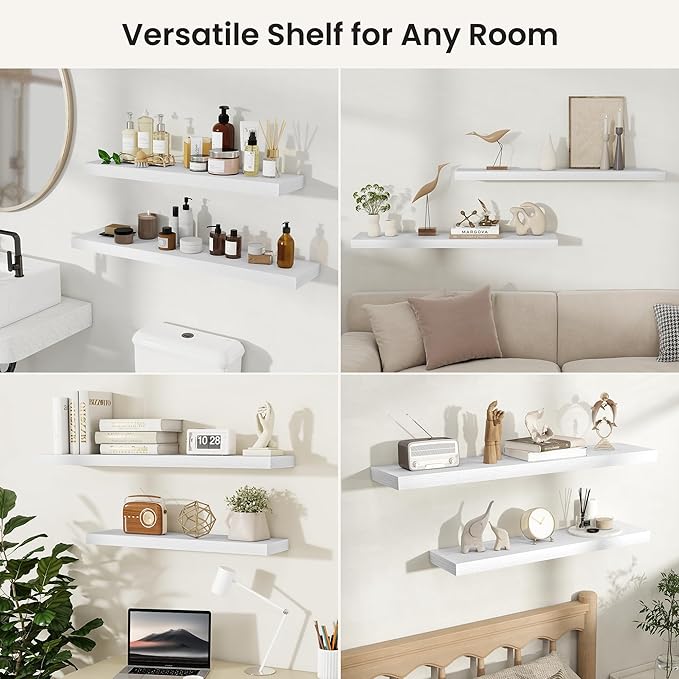 Fun Memories Rustic Floating Wall Shelves, Wall Mounted Wood Storage & Display Shelves for Bathroom, Bedroom, Living Room or Kitchen, (Set of 2, White, 24 in)