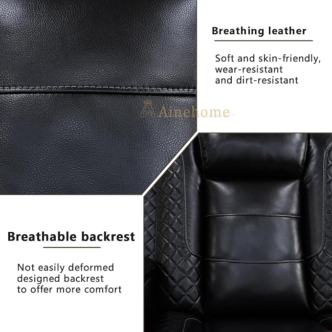 A Ainehome Power Leather Recliner Sofa Set with LED Lights, Recliner Sofa Sectional Couches for Living Room, Reclining Sofa, loveseat, Chair with USB Port/Storage Console/Cup Holder(Black,loveseat)