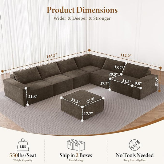 Vesgantti 143.7" Oversized Boneless Couch, Modern 7 Seater Modular Sectional Sofa with Deep Seat, Convertible Chenille Cloud Couches for Living Room, No Assembly Required, Dark Brown