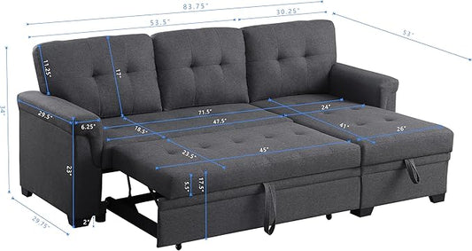 ERYE 83-inch Pull Out Sleeper Couch Bed, L-Shaped Reversible Sleeper Sectional Sofa Linen Blend Tufted Upholstered Corner Convertible Sofa Bed with Storage Chaise