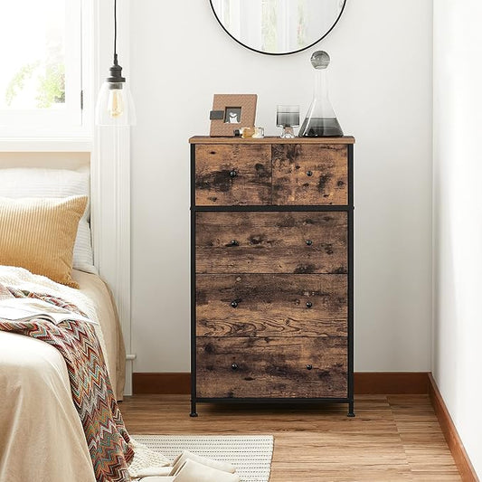 SONGMICS Drawer Dresser, Storage Dresser Tower with 5 Fabric Drawers, Wooden Front and Top, Industrial Style Dresser Unit, for Living Room, Hallway, Nursery, Brown and Black ULGS45H