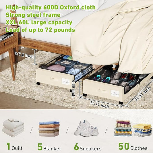 Under Bed Storage with Wheels, Under the Bed Storage Containers with Clear Lids & Label, Underbed Storage Bins, XXL 60L Rolling Metal Drawer for Clothes, Shoes, Toys, Books (Beige)